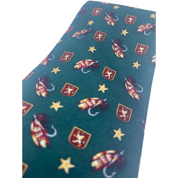 Milano Immagine Neck Tie Green Red 100% Italian Silk Stars Crests Fishing Lures - Picture 2 of 5